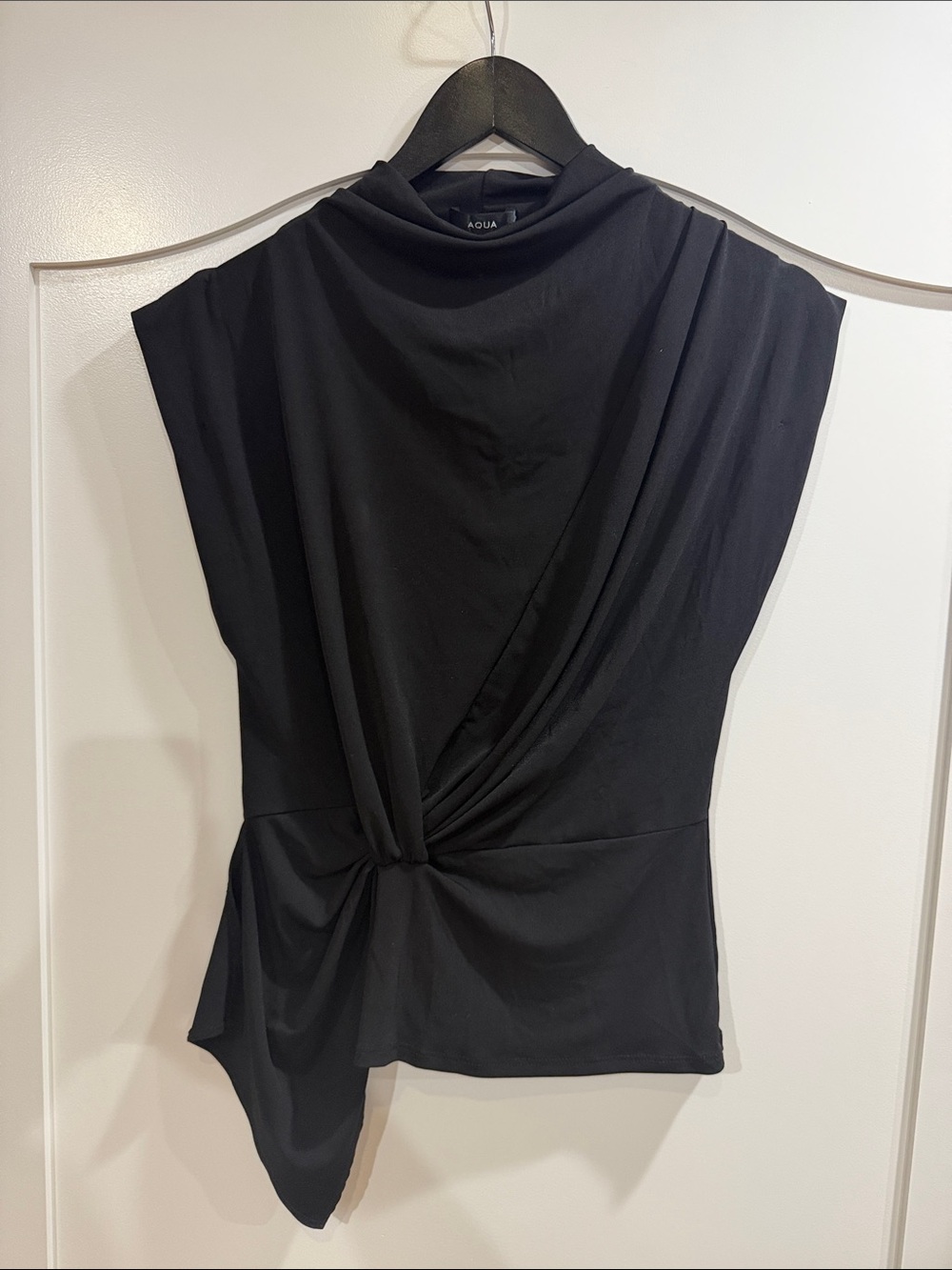 Aqua Black Draped Knot Front Cap-Sleeve Top with High Neck
